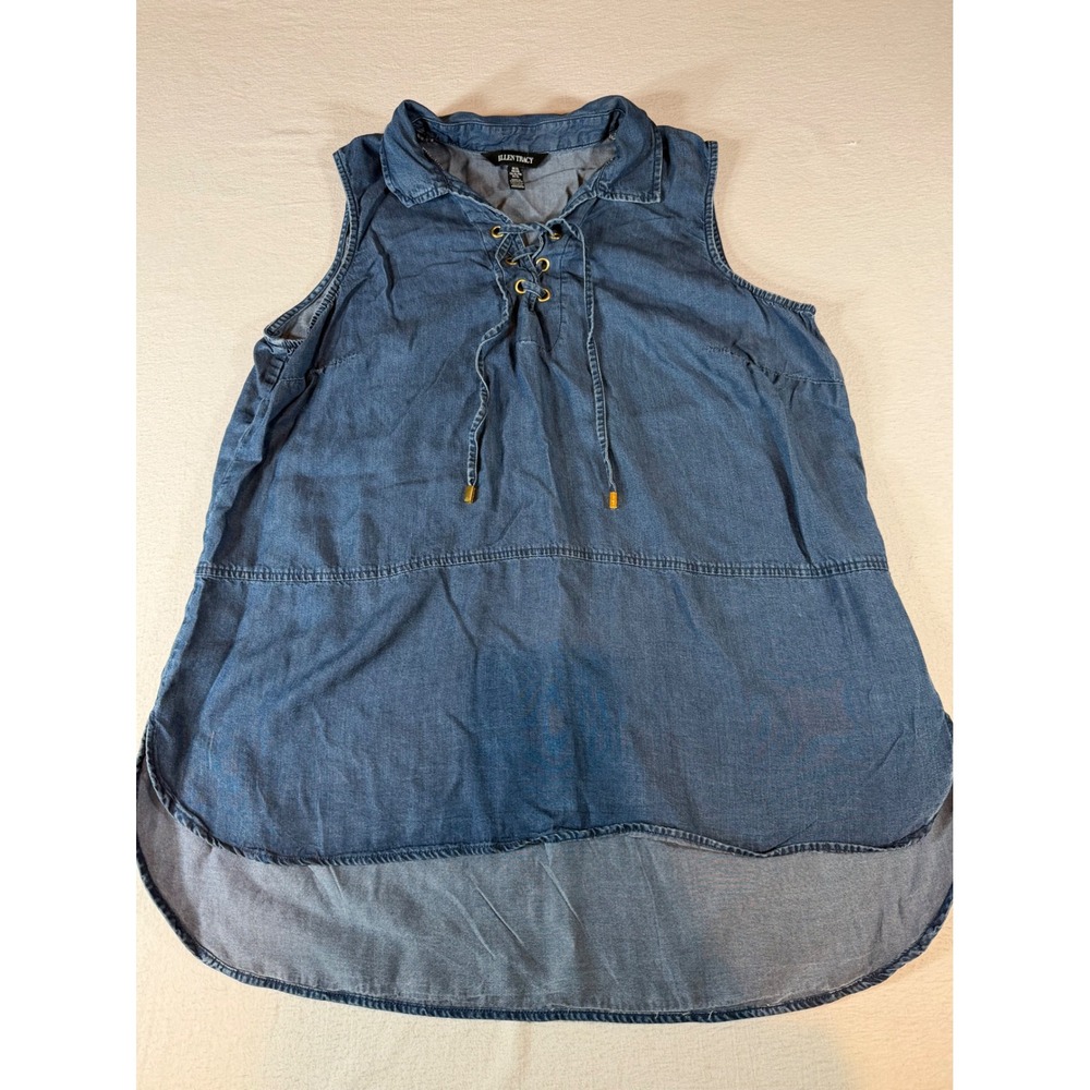 Ellen Tracy Blue Tencel Lyocell Sleeveless Lace Up High Low Tunic Top XL